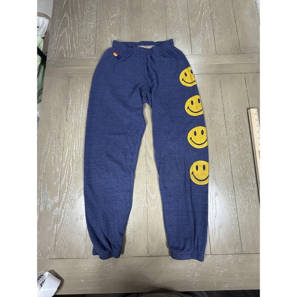 Aviator Nation Pants - Aviator Nation Sweatpants Womens Blue Fleece Smiley Face Graphic Joggers